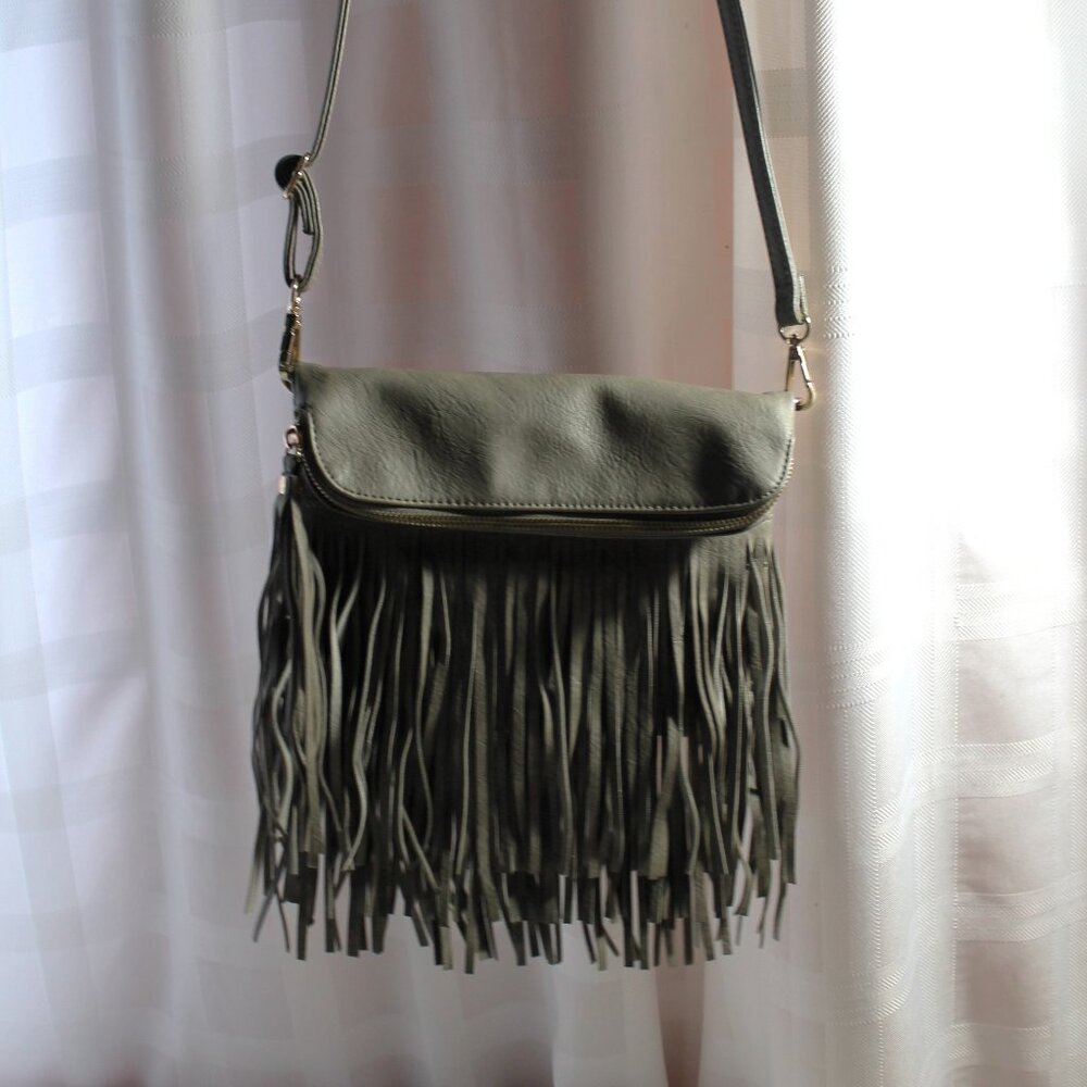 Mellow World Gray Fringed Crossbody Bag Vegan Hippie Festival